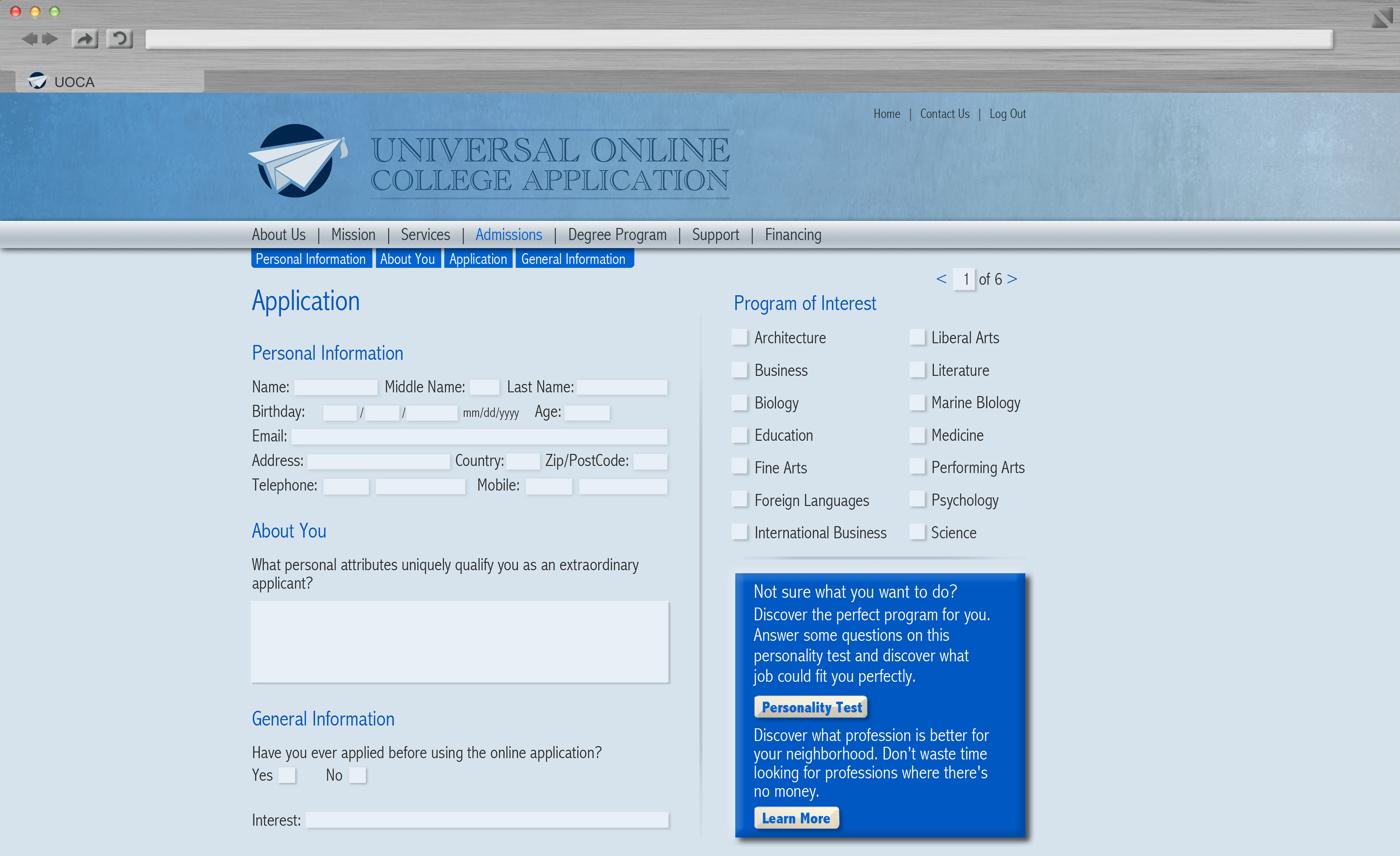 Online college application form.