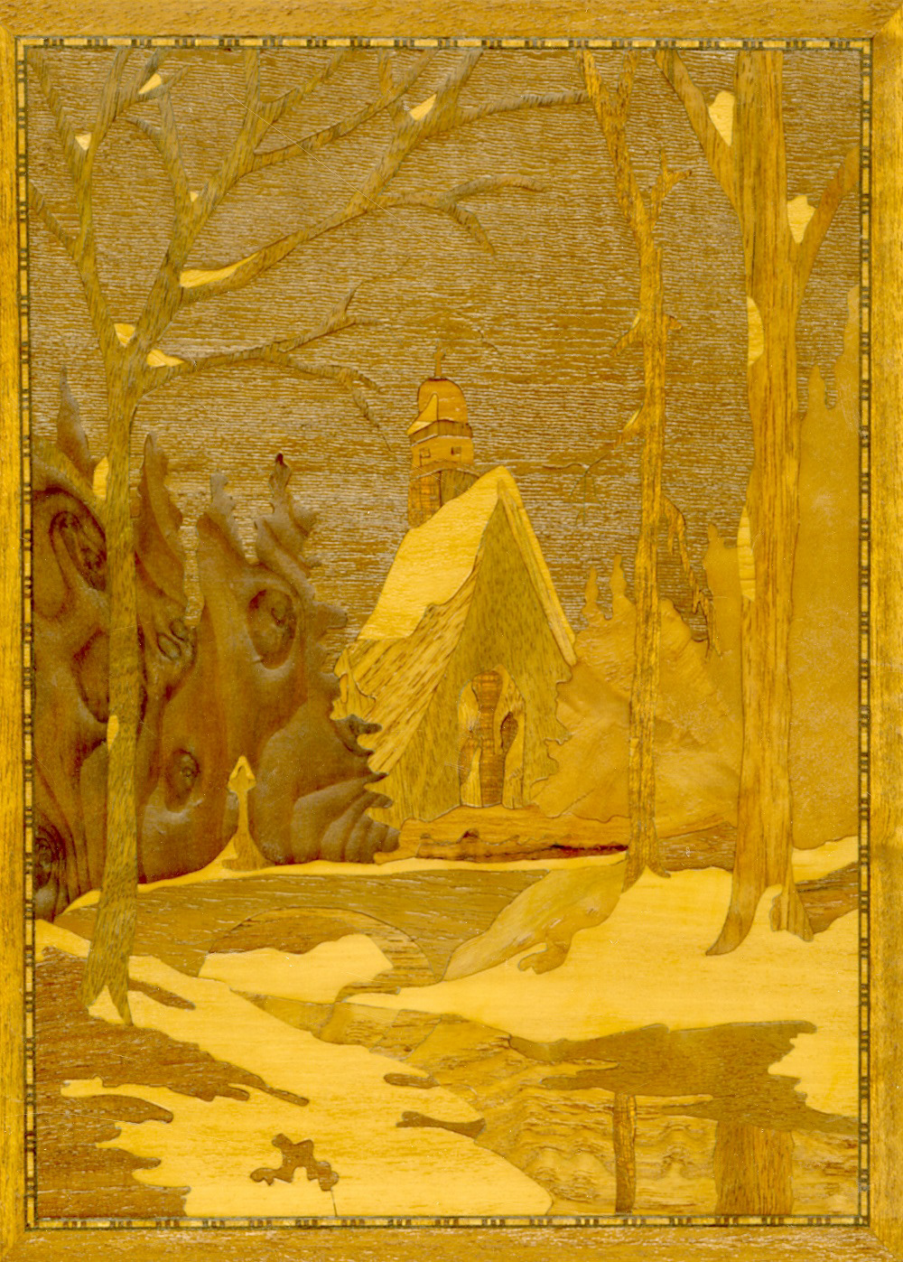 Hubert Wiebe, "Church in Wintertime," 1961, Wood Inlay