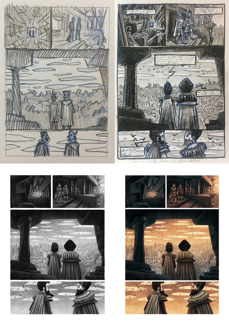 Réalisation d'une planche (crayonné de mise en place, story-board, planche finale, mise en couleur numérique)