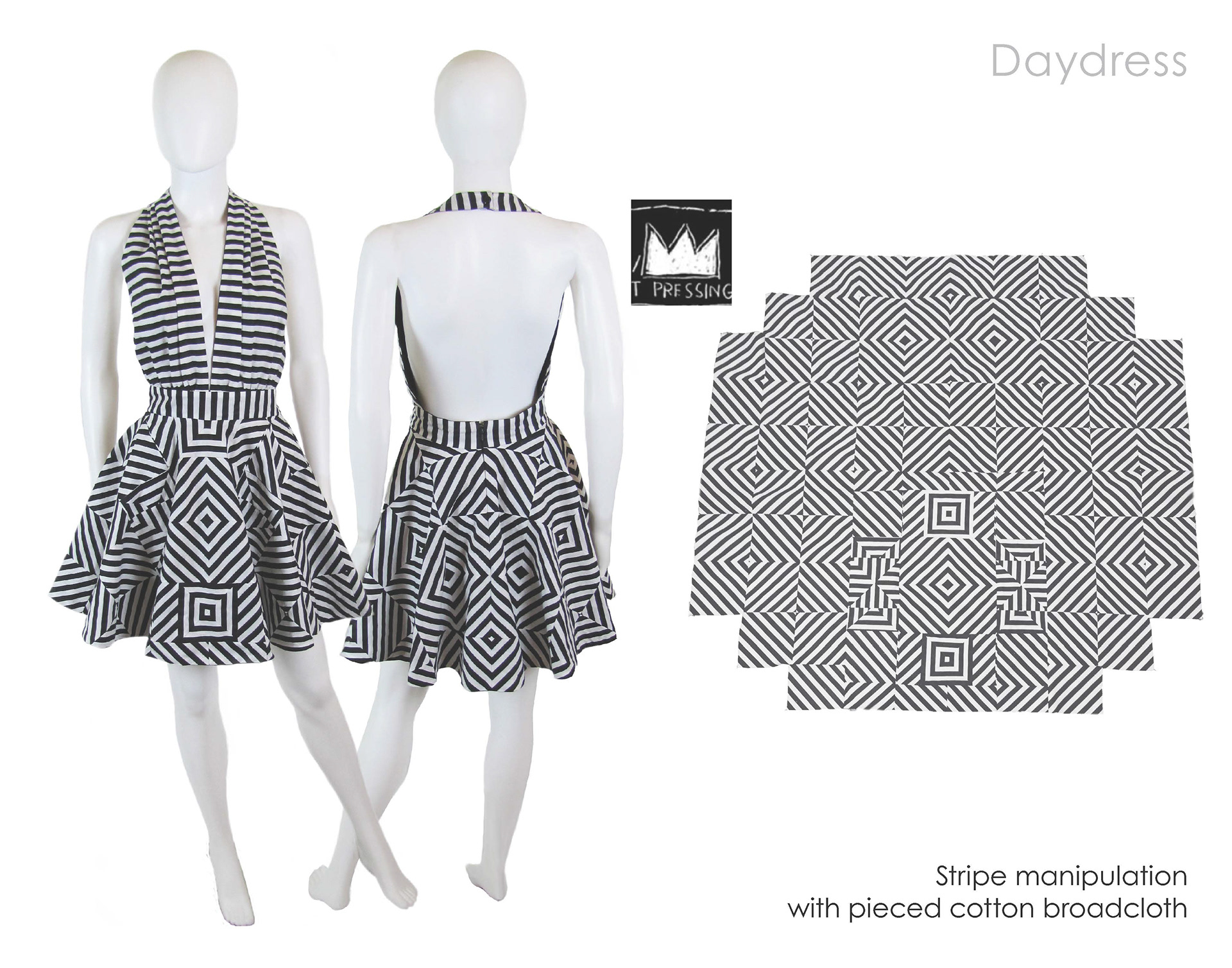 Cotton daydress with pieced stripe manipulation
