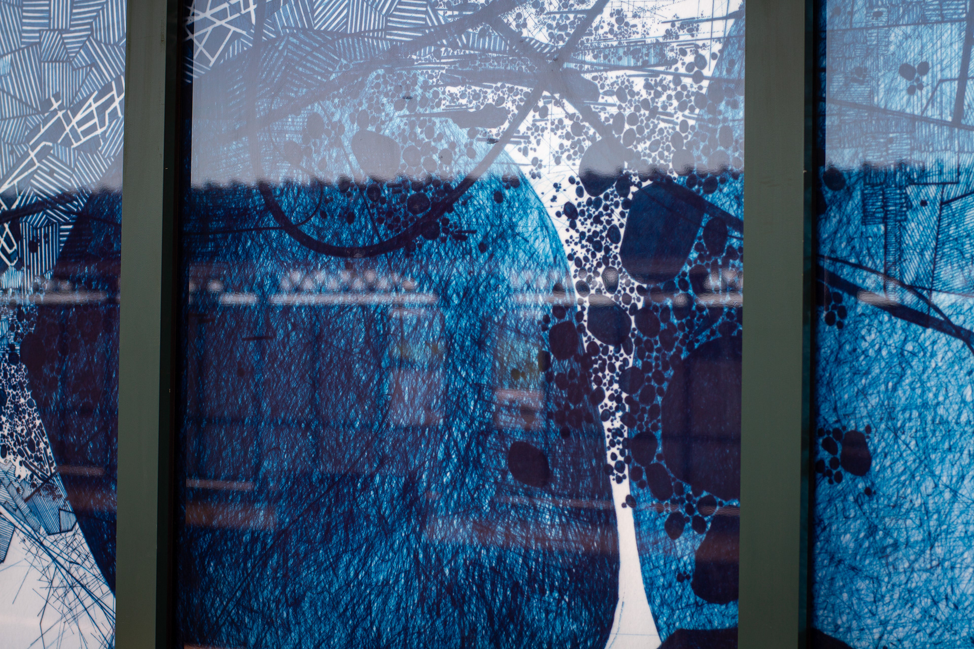 Derek Lerner, Detail of AVEX3(station), 2016 MTA Arts & Design commission - Avenue X Station in Brooklyn NY - F train, IND Culver Line - Three of six 48" x 156" compositions (5 panels ea.) - Fabricated 0.875" depth laminated tempered glass