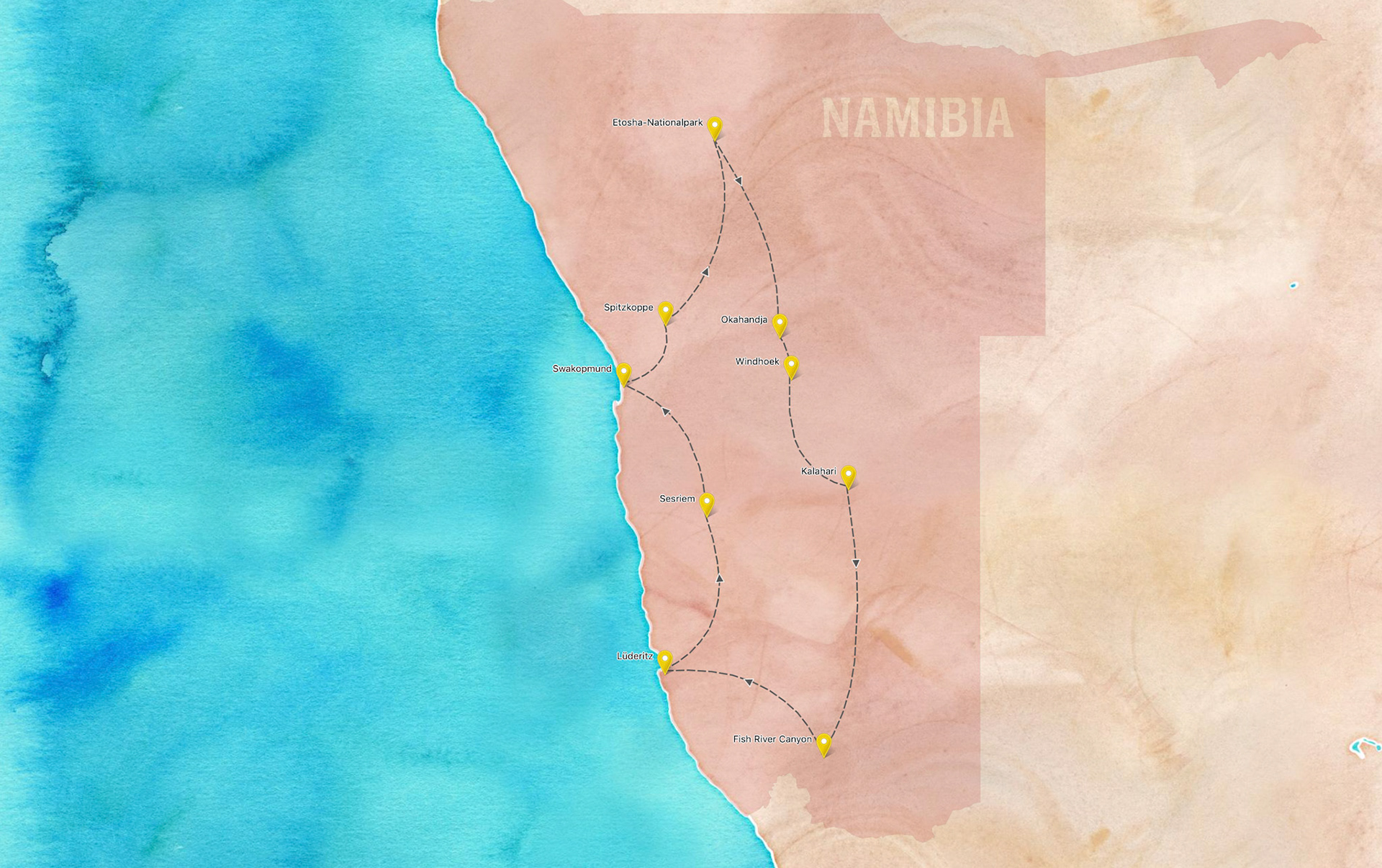 Routenkarte Namibia, siehe Webmapping