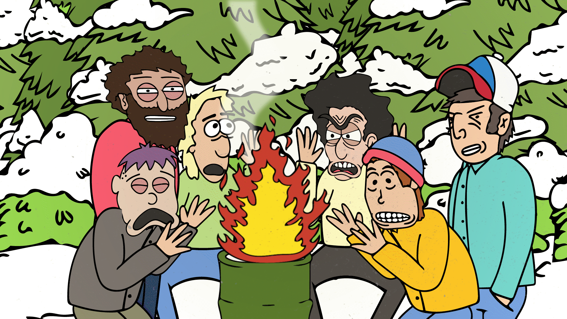 Gif of 6 guys shivering around a fire in a snowy setting