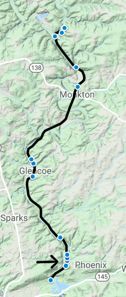 Smaller version of the overview map showing the locations of the sites along the trail. An arrow points to the second south dot to the west of Phoenix.