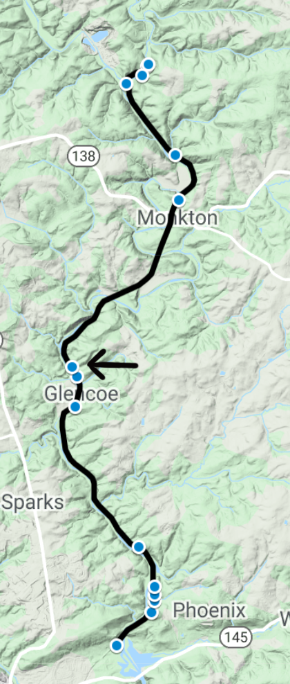 Smaller version of the overview map showing the locations of the sites along the trail. An arrow points to the northernmost of the three sites at Glencoe. 