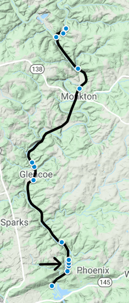 Smaller version of the overview map showing the locations of the sites along the trail. An arrow points to the third site to the west of Phoenix.