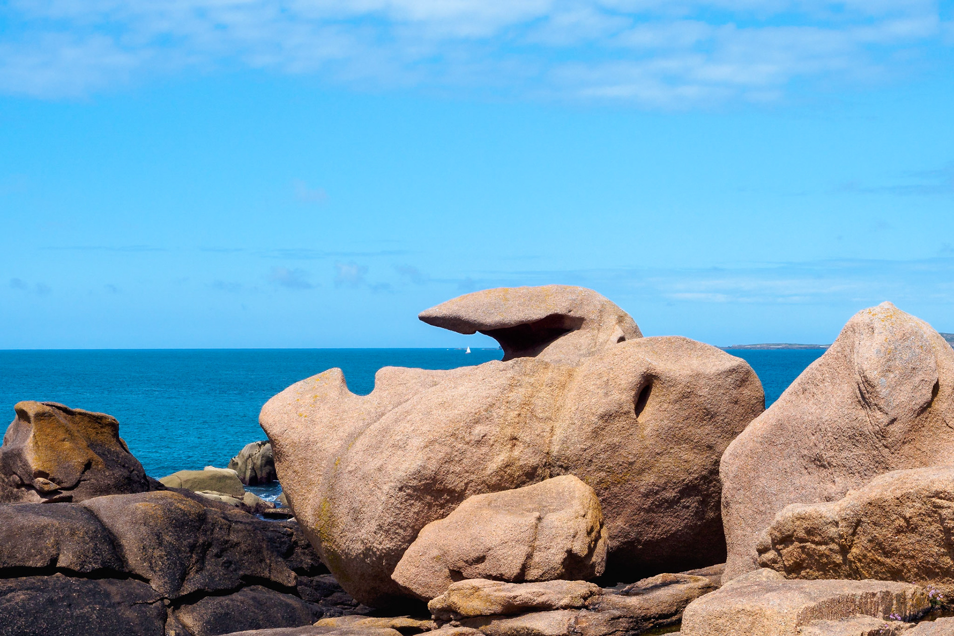 One of many boulders on the pink granite coast, Brittany, France. All of this is nature's work, no human sculpture was involved.