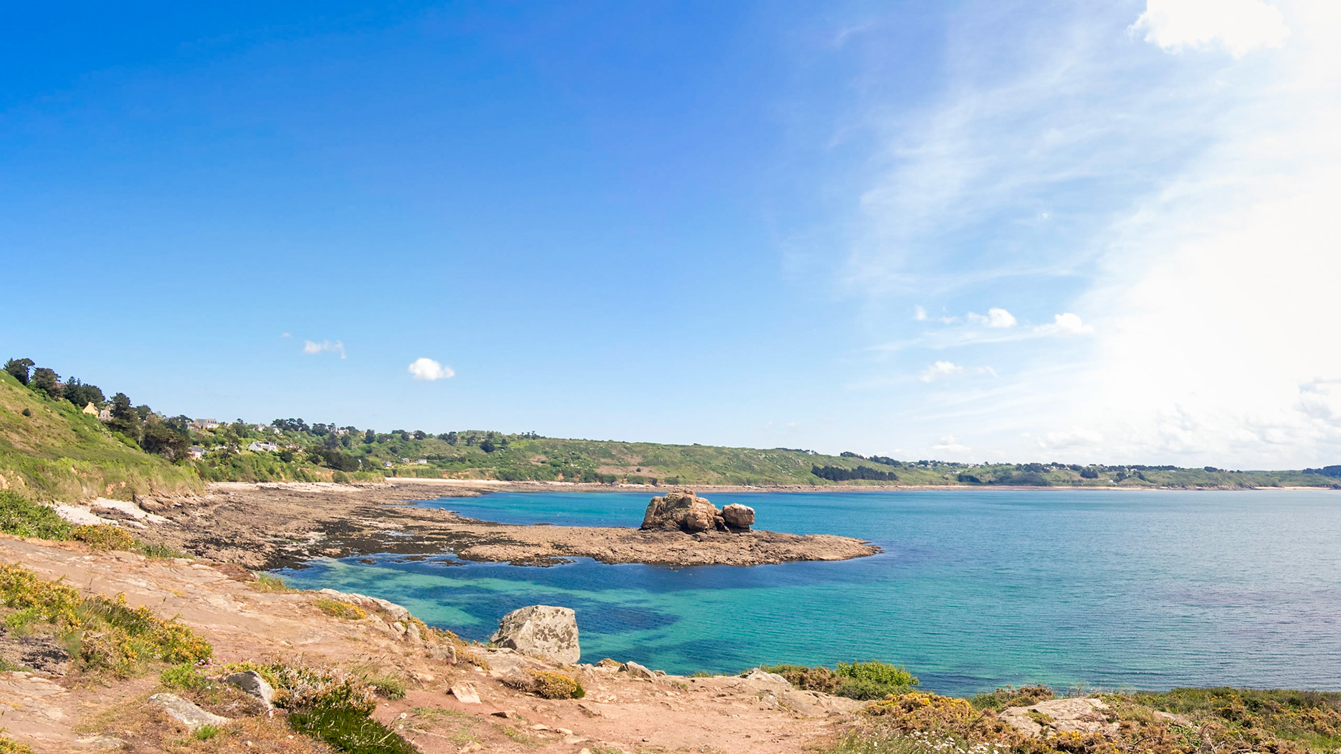 The tiny island Roc'h à Vignon, as seen from Pointe de Bihit in Trébeurden, Bretagne. It is a nesting place for the  European shag or common shag (a species of cormorant)