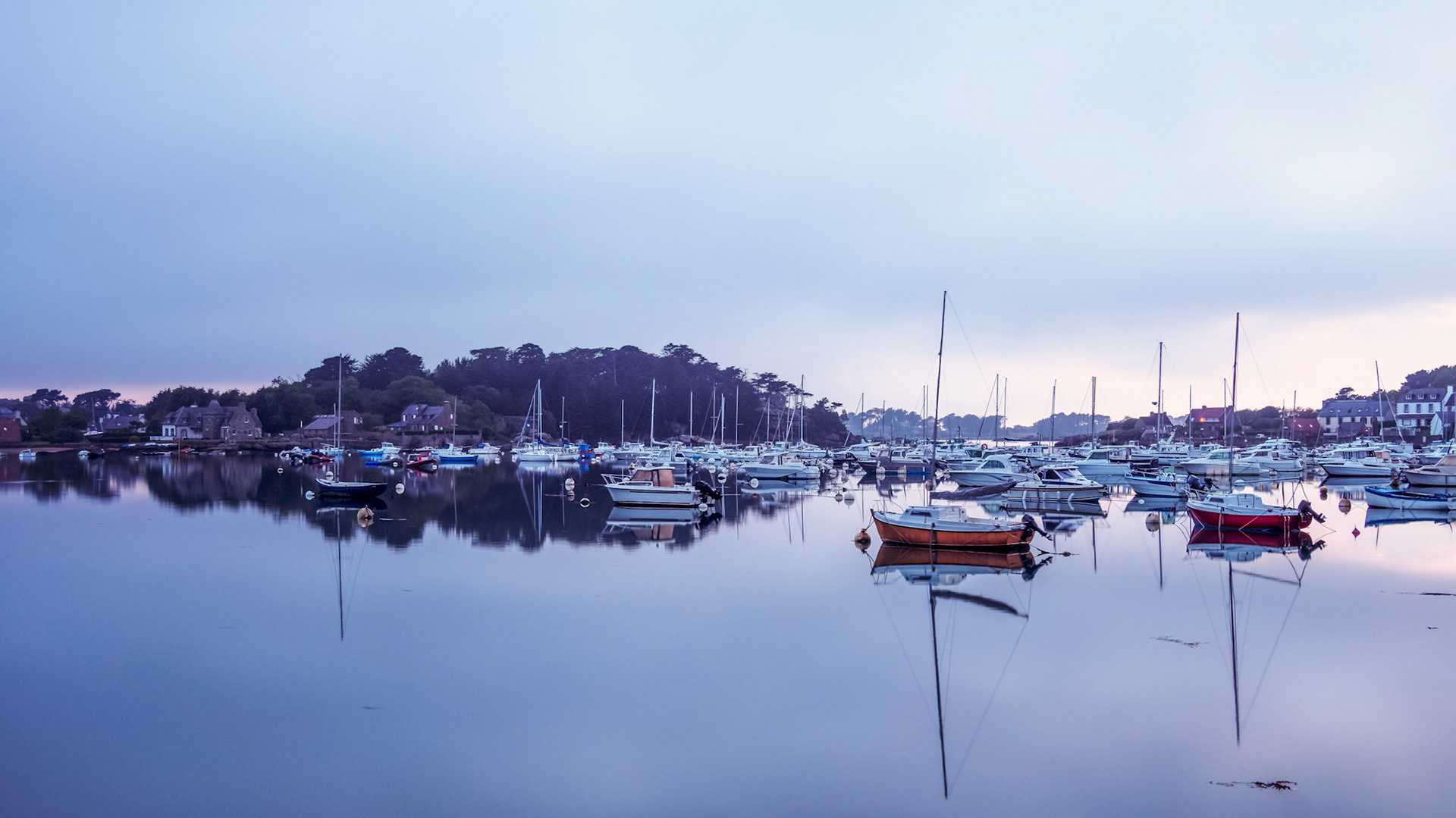 Long exposure at blue hour at the Quai Bellevue in Saint-Guirec, Bretagne, France.