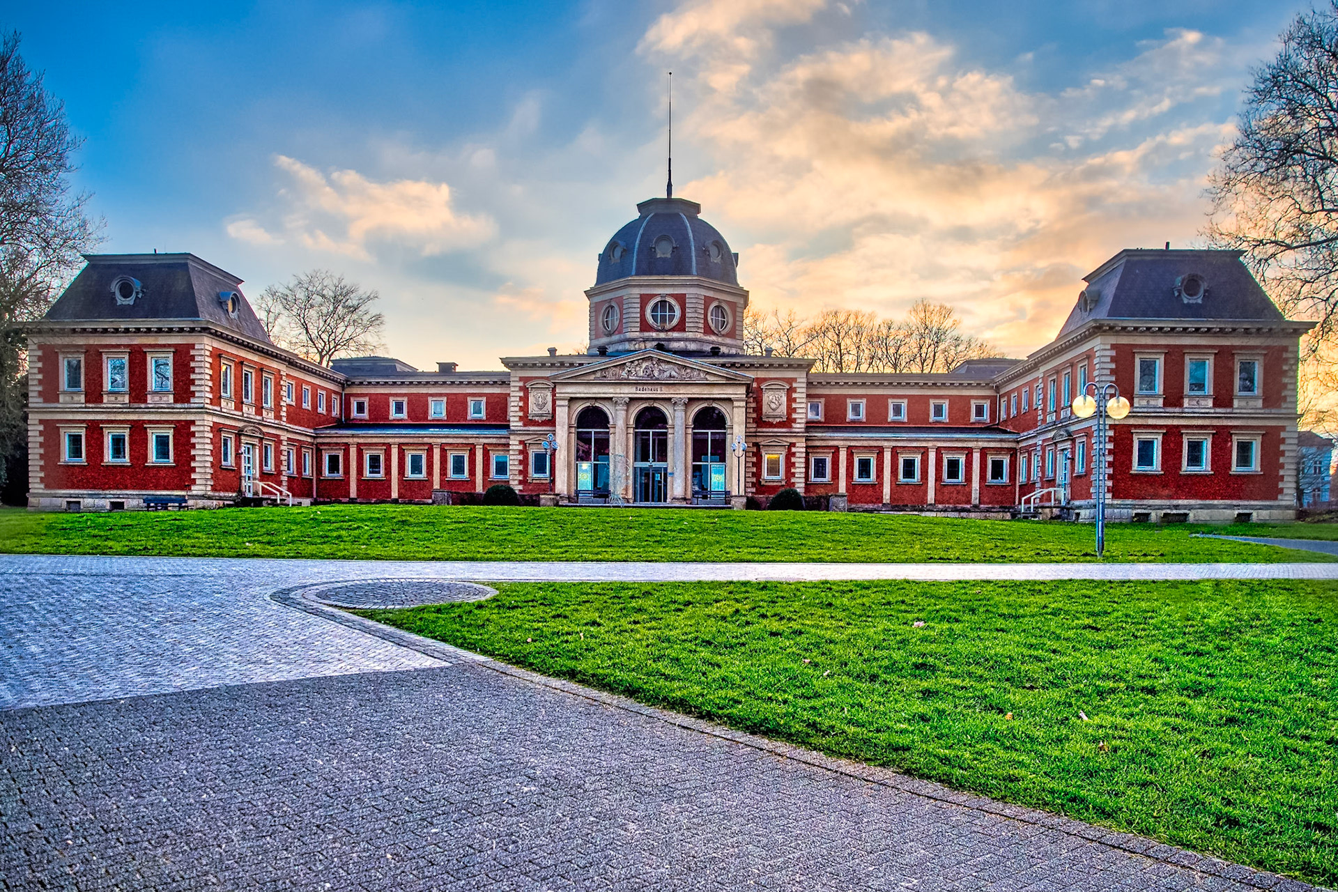 Badehaus II at sunset in the Kurpark. Bad Oeynhausen, Germany