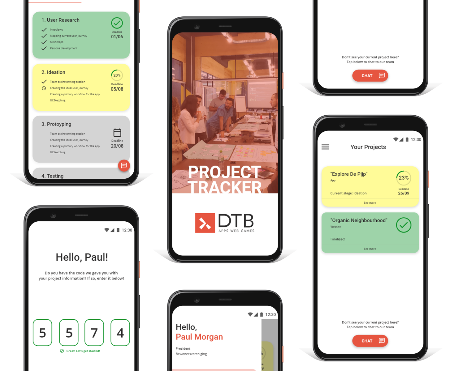 Montagem contendo 6 telas de uma interface criada com o intuito de fazer o acompanhamento de projetos de uma consultoria de tecnologia