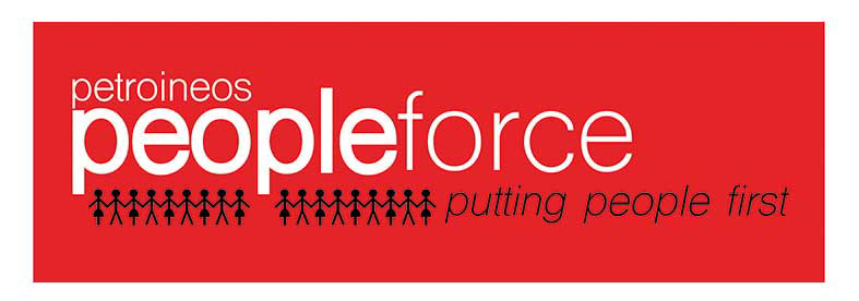 Red rectangle with small male & female stick people below the words Petroineos Peopleforce