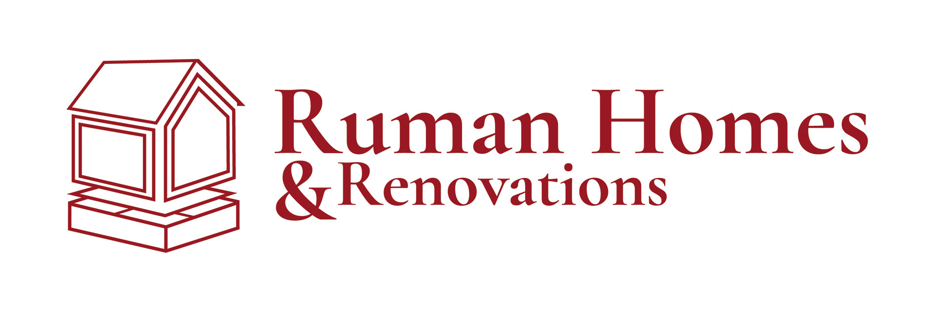 a 3d house broken into burgundy outlined elements with Ruman Homes & Renovation over 2 lines to the right.