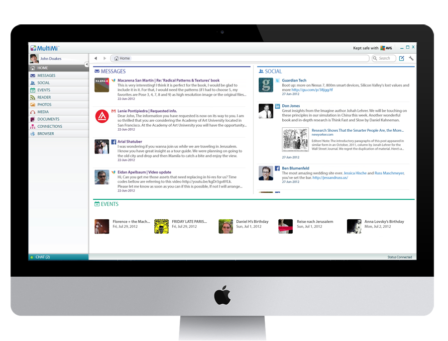 Desktop computer view of multimi home tab showing an aggregation of messages, social and events.
