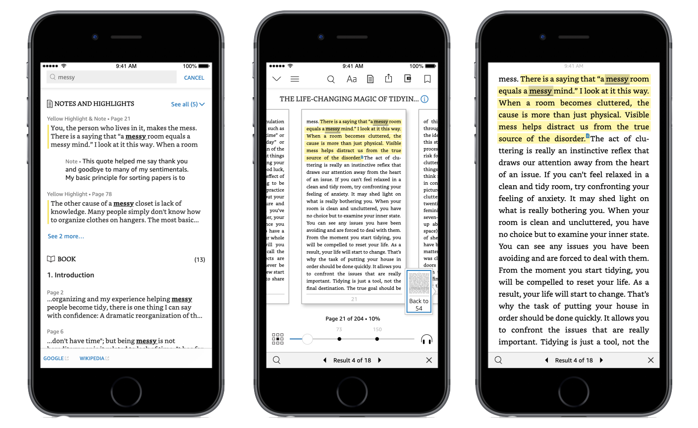 Three iPhones. The first phone shows a view of the Kindle application in book search results for the term messy with results for notes and highlights and in book results. The second phone shows a page flip view of the book with the search results messy highlighted on the page and a search iterator bar on the bottom of the screen with a search icon, a left arrow, the text Result 4 of 18 and a right arrow, and a close icon. The third phone shows a full page with the search result messy highlighted and a search iterator bar on the bottom of the screen with a search icon, a left arrow, the text Result 4 of 18 and a right arrow, and a close icon.