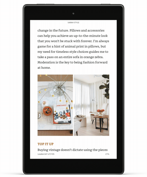 Animated gif of a Fire tablet with a Kindle book open. Tapping on the screen shows the page zoom out and minimize, showing a book page on either side. Tapping on a grid icon zooms the view out to show a grid of book pages. Swiping down moves the pages to see more pages creating a small preview of the page that was viewed. Tapping on the small preview navigates back to that page. An additional tap zooms back into full screen.