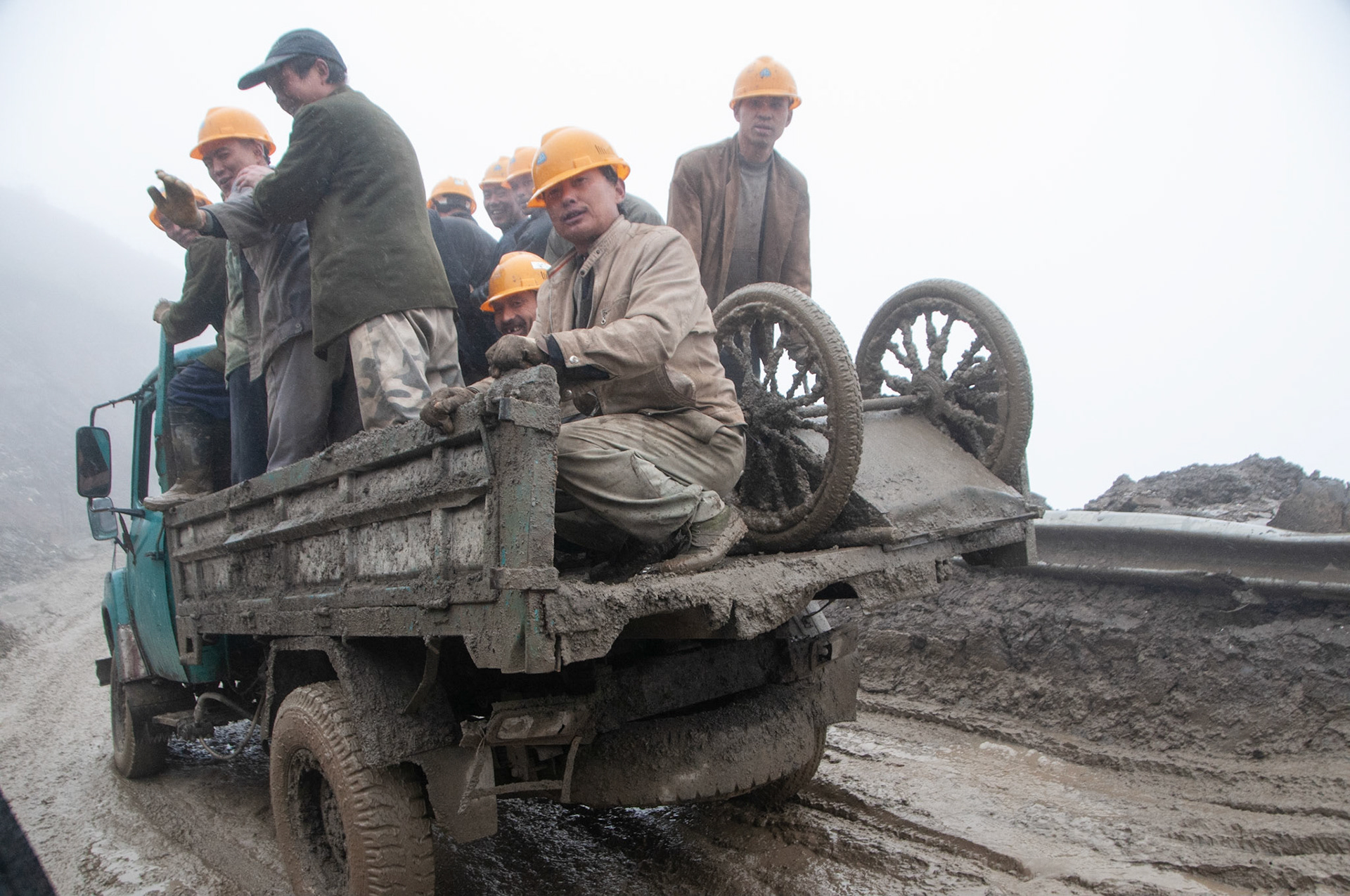 China, Eastern Tibet or Western Sichuan, also krown as Kham, road construction crew on Road S210, halfway between Baoxing and Dawe