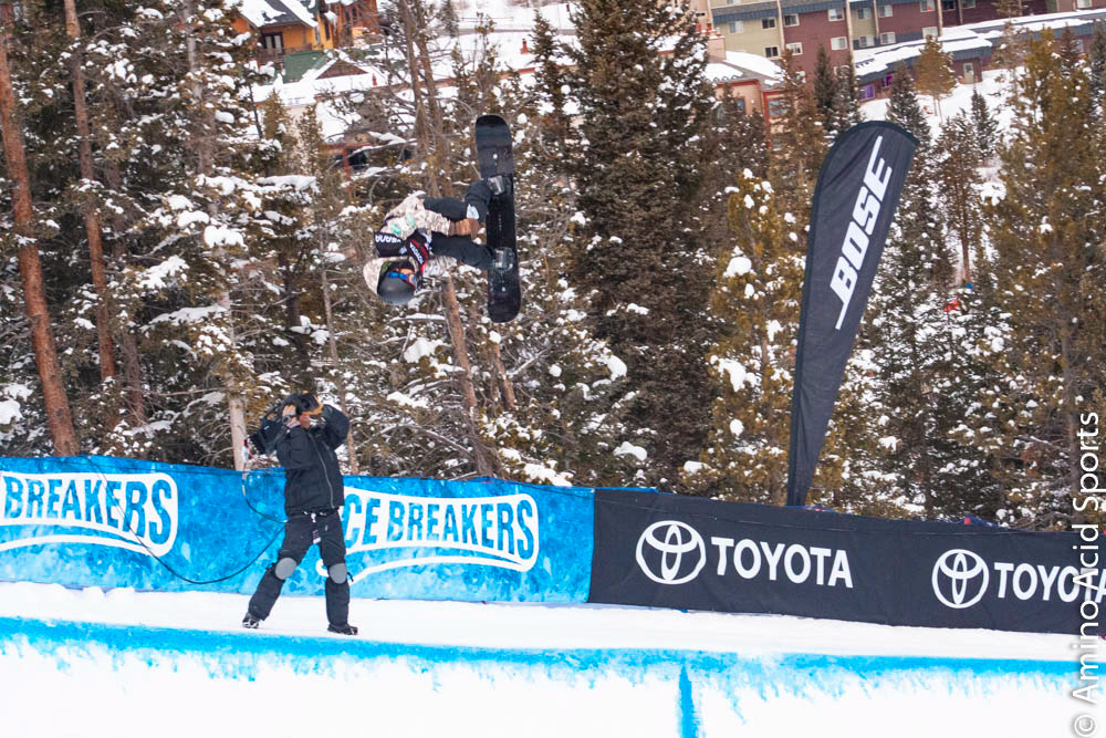 Raibo Katayama (JAPAN) rises above Copper's halfpipe in his mute grab corked back flip