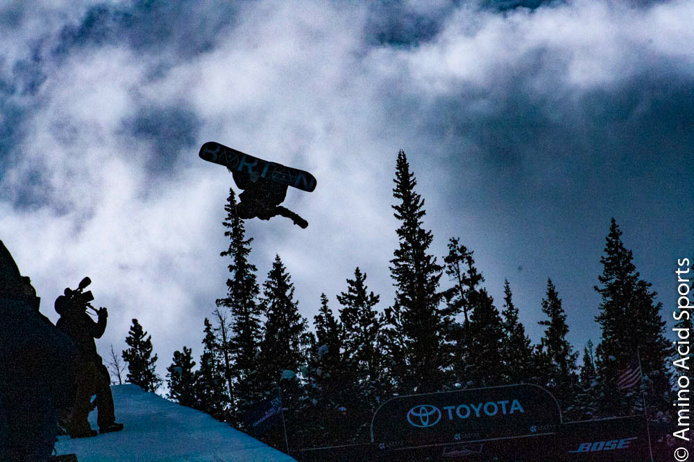 Jake Pates (USA) progresses his 720* Mute Back Flip in Run 1 at the US Grand Prix Copper
