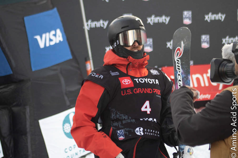 Quebec's Simon D'Artois sighs in his 1st of 3 Runs in the Men's Halfpipe Final