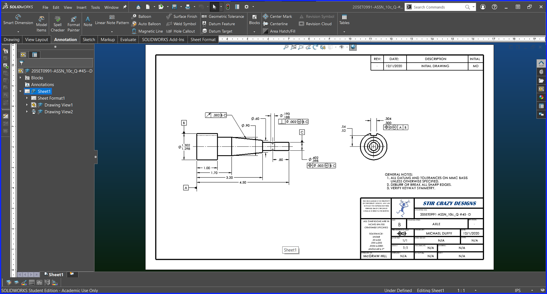 Spindle - Drawing w/ GD&T - Solidworks