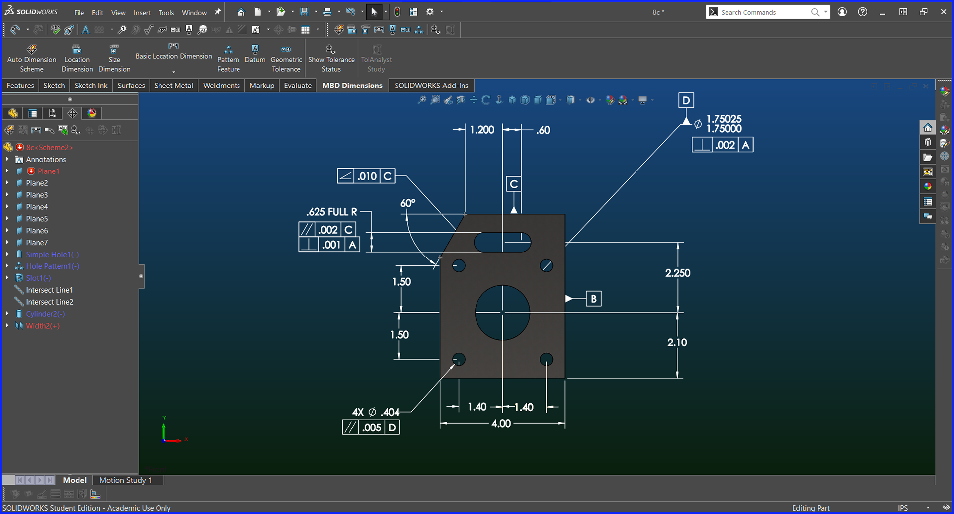 Machine Part MBD w/ GD&T - Front View - Solidworks