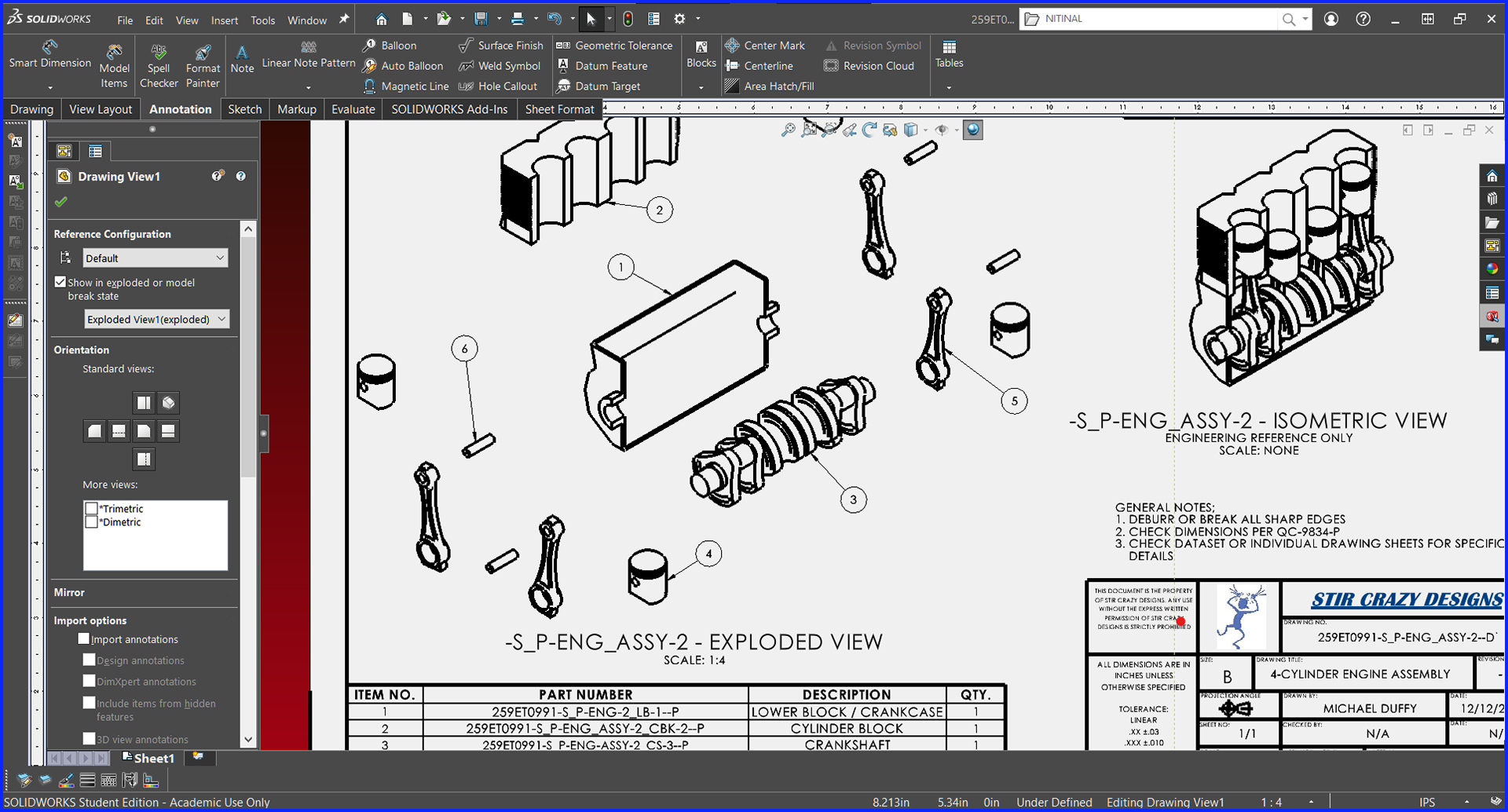 Engine Assembly w/ Exploded View - Drawing - Solidworks