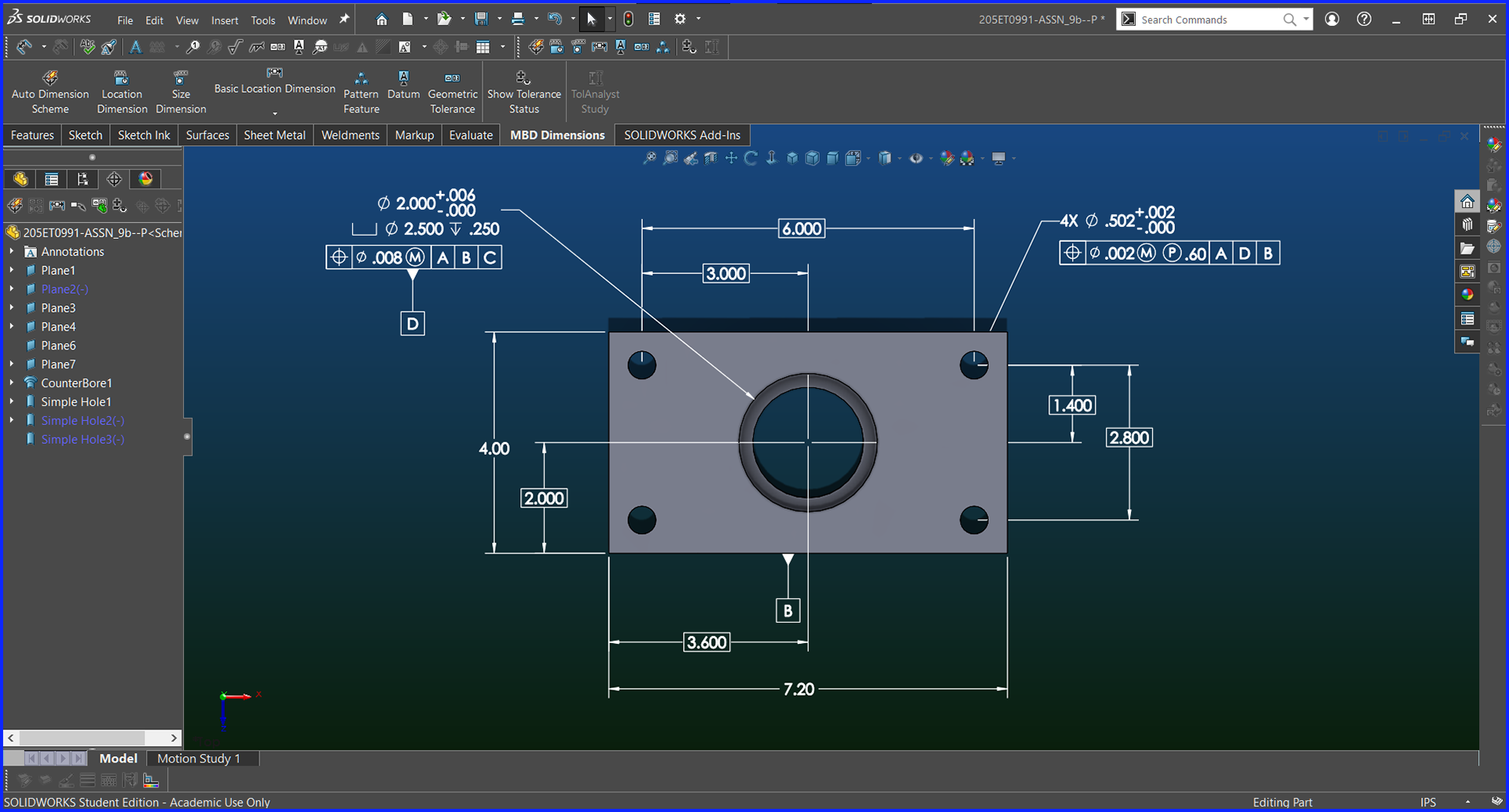 Plate w/ Holes & Counterbore - MBD w/ GD&T Top View - Solidworks