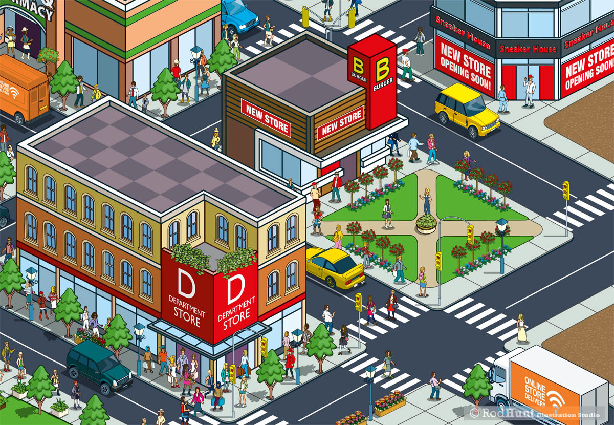 Department Stores, restaurants and supermarket quislings illustrated in isometric perspective