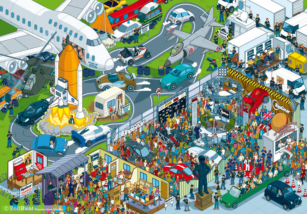 Top Gear track and studio illustration for the Where's Stig? search and find puzzle book