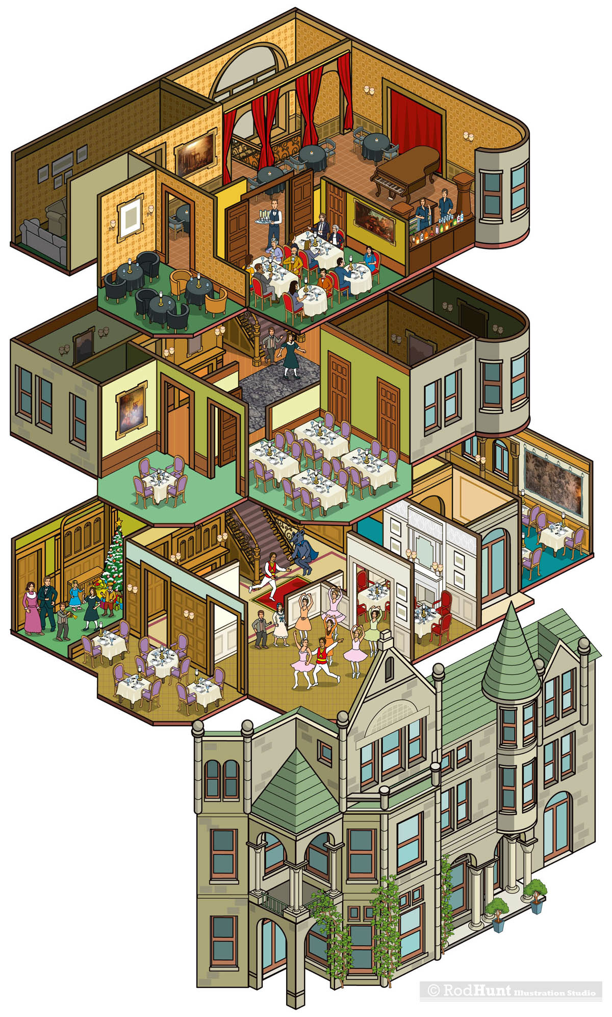 Architectural map illustration and interior plan of the Whitney Mansion Building in Detroit. Created by Rod Hunt with specialisms in architecture, topography & mapping illustration