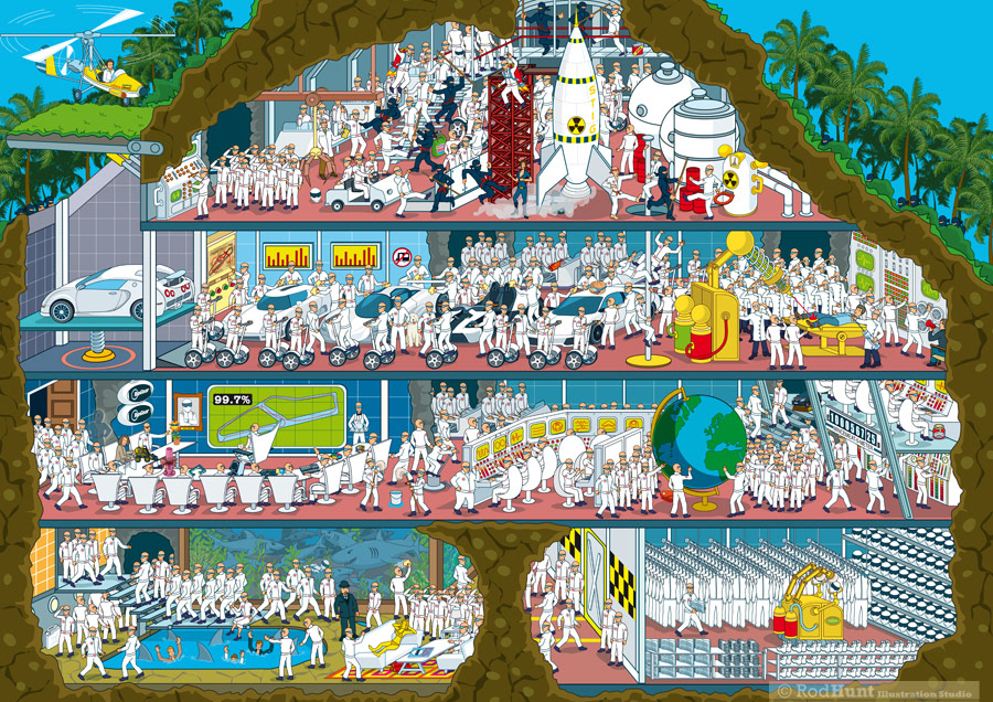 Stig's Secrect layer cutaway and cross section illustration, in the style of a James Bond villain's volcano base