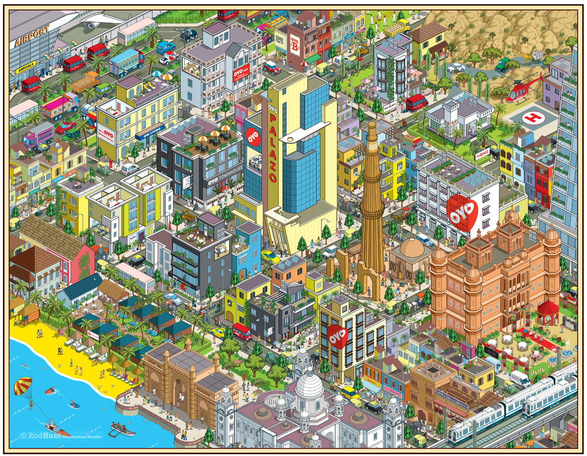 Isometric illustrator - printed vinyl mural Cityscape illustration and infographics for OYO Rooms, hotel and hospitality - Isometric city map illustration by Rod Hunt