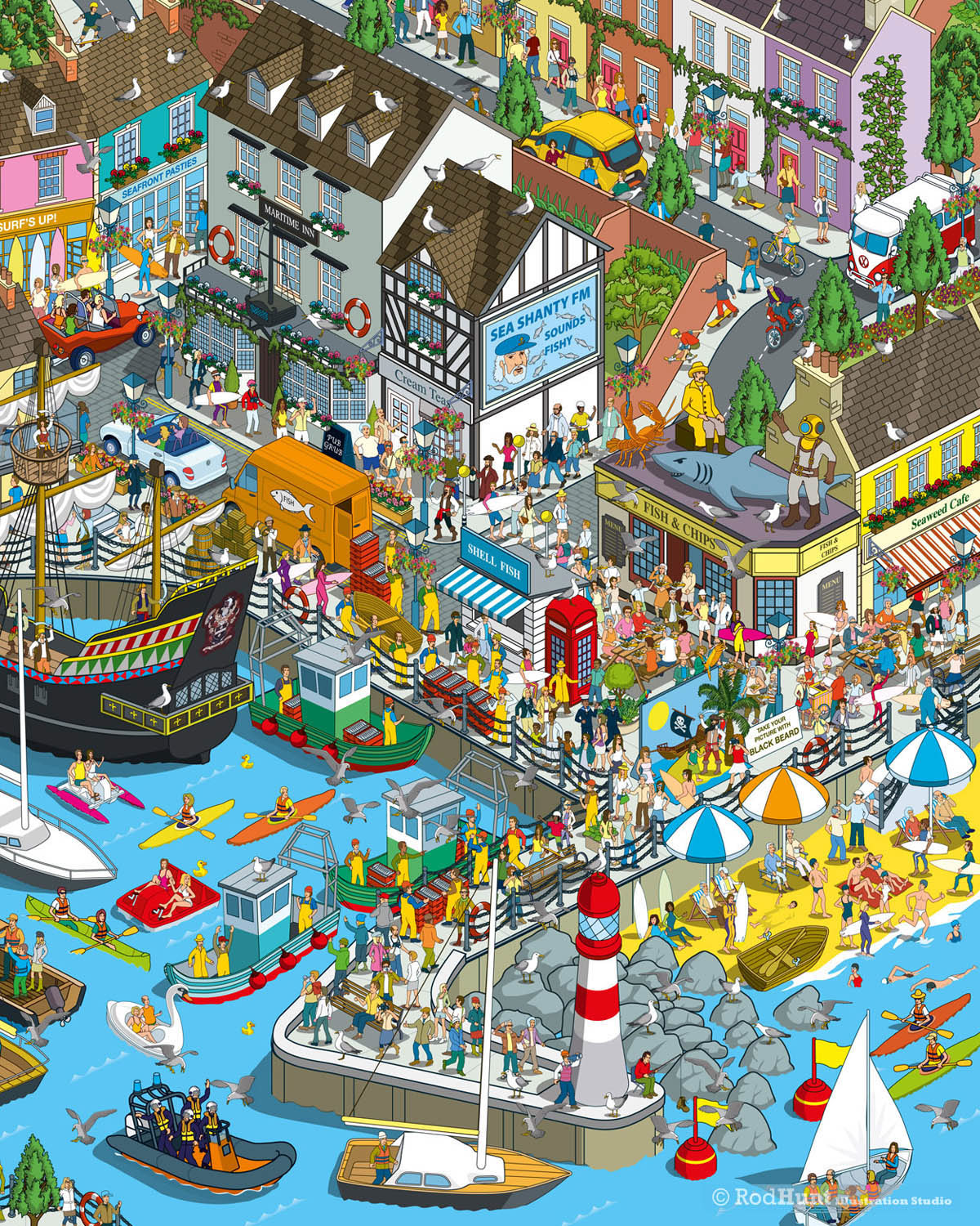 Detailed Harbour Town illustration, tourist visitors map - Wimmelpicture, wimmelbilderbuch, wimmelbook, wimmelbild