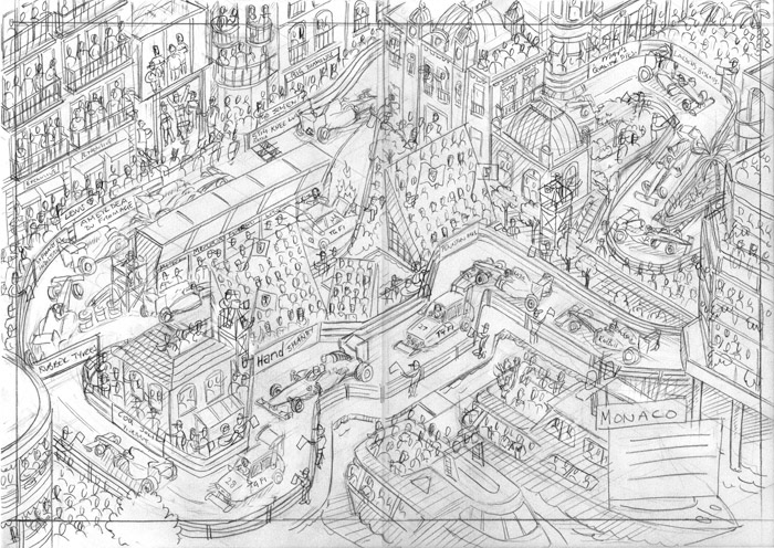 Pencil sketches for an illustrated map of the Monaco Grand Prix Formula 1 track