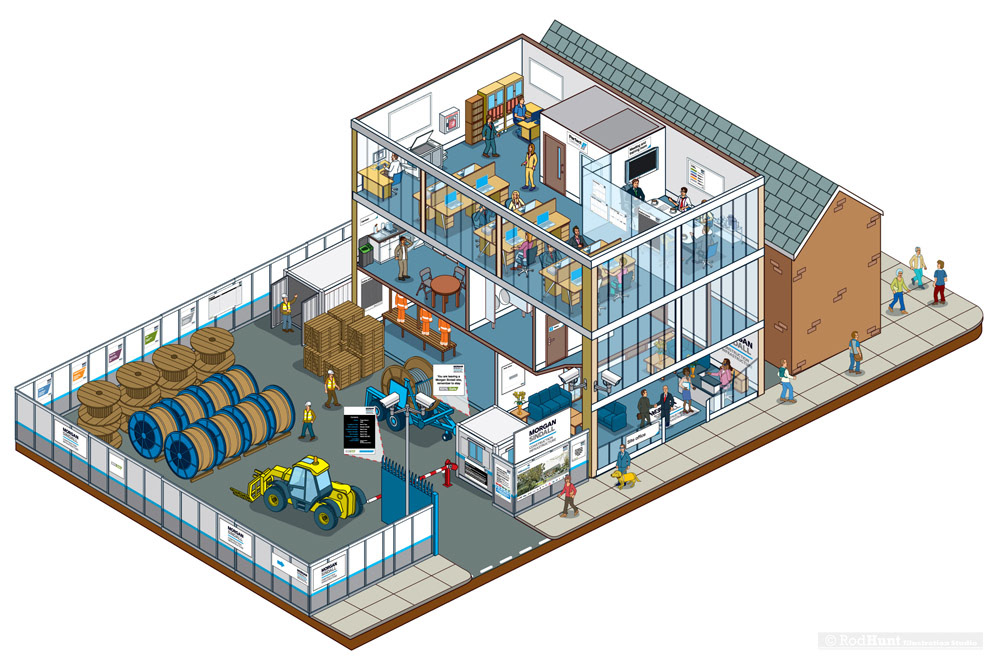 Isometric 3D cutaway illustration of an office building and construction site