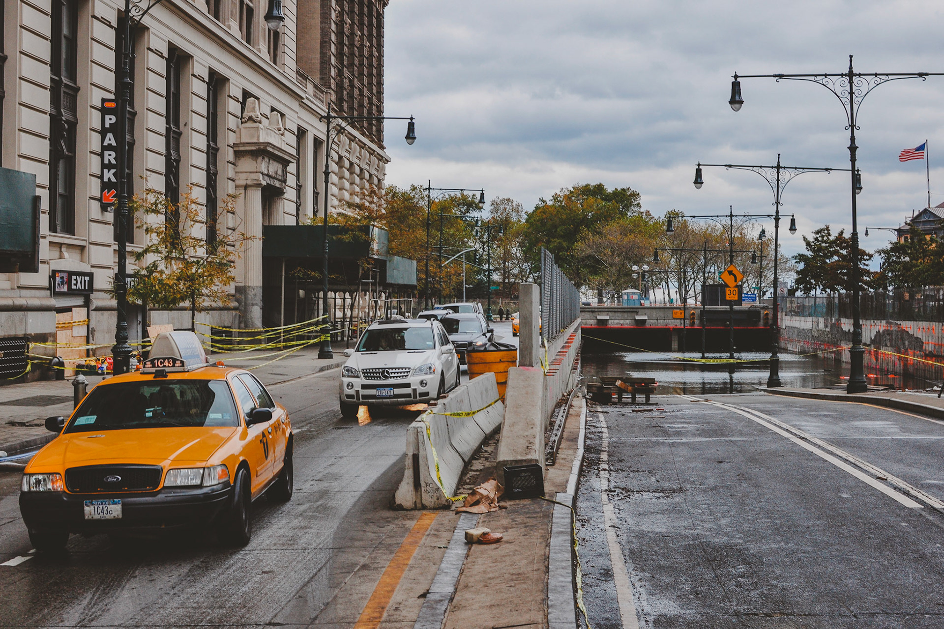 The day after Hurricane Sandy hit New York City, the Battery Park Underpass is flooded.  The Whitehall Building on the left was also flooded and would not reopen for months.