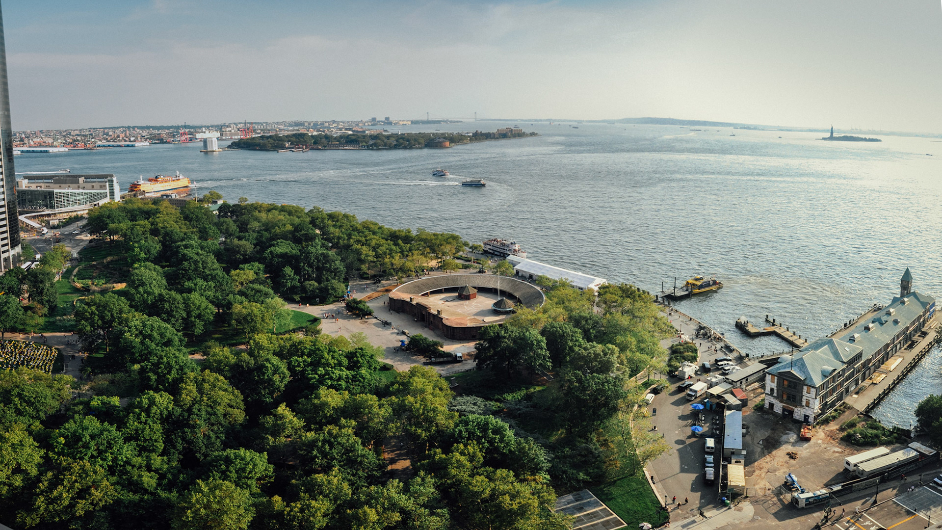 New York Harbour and Battery Park viewed from on top of the Whitehall Building at 17 Battery Place.