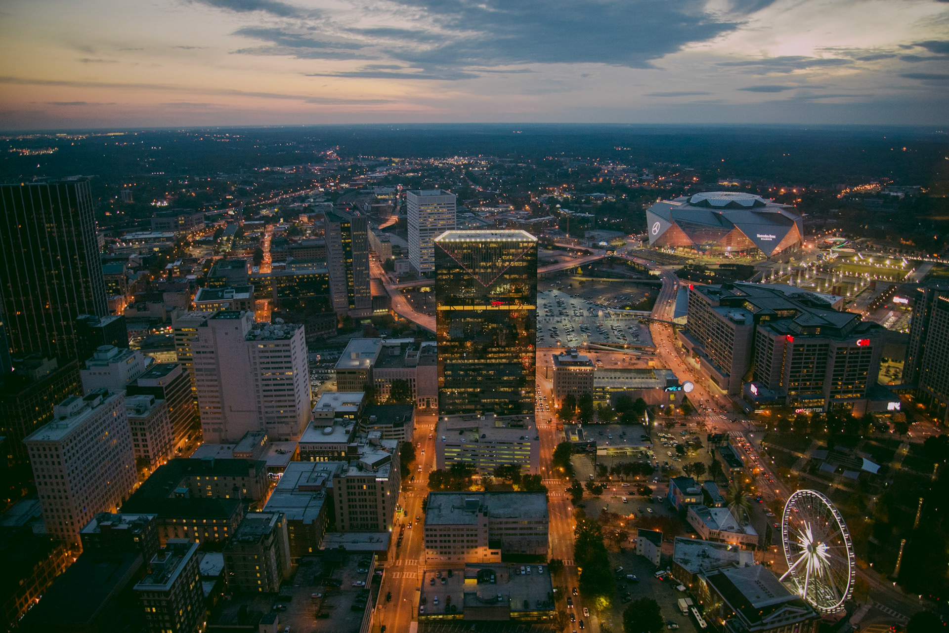 Looking Southwest, you can see Downtown Atlanta, including "The Gulch" between the tall building and Mercedez Benz Stadium.  Soon, the Gulch will be redeveloped.