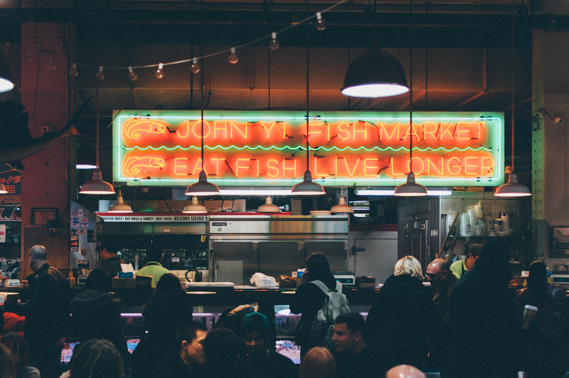 neon lights in reading terminal market.