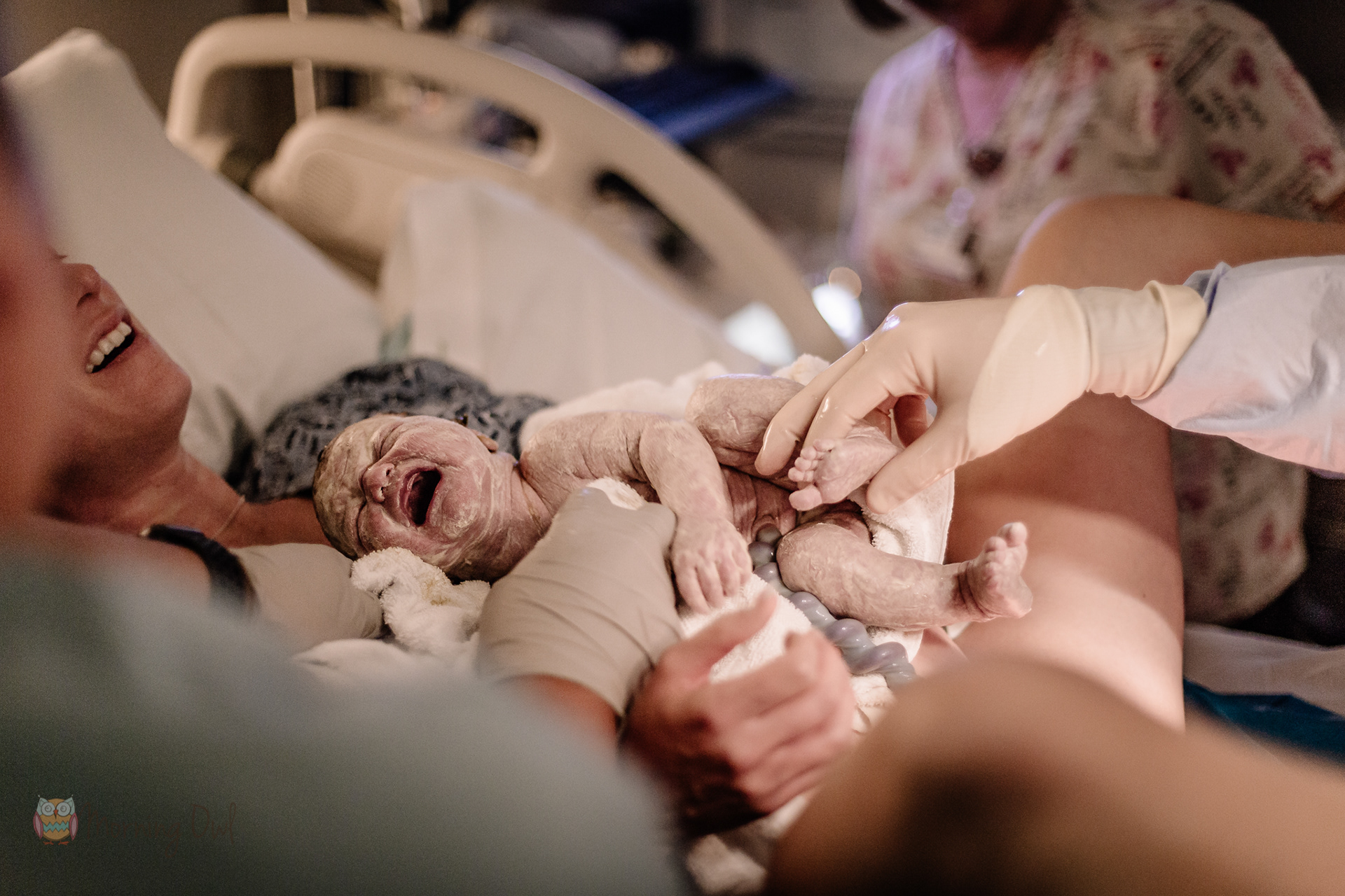 vernix covered newborn on mom San Diego best professional Birth Photographer by Morning owl fine art photographer newborn hospital labor