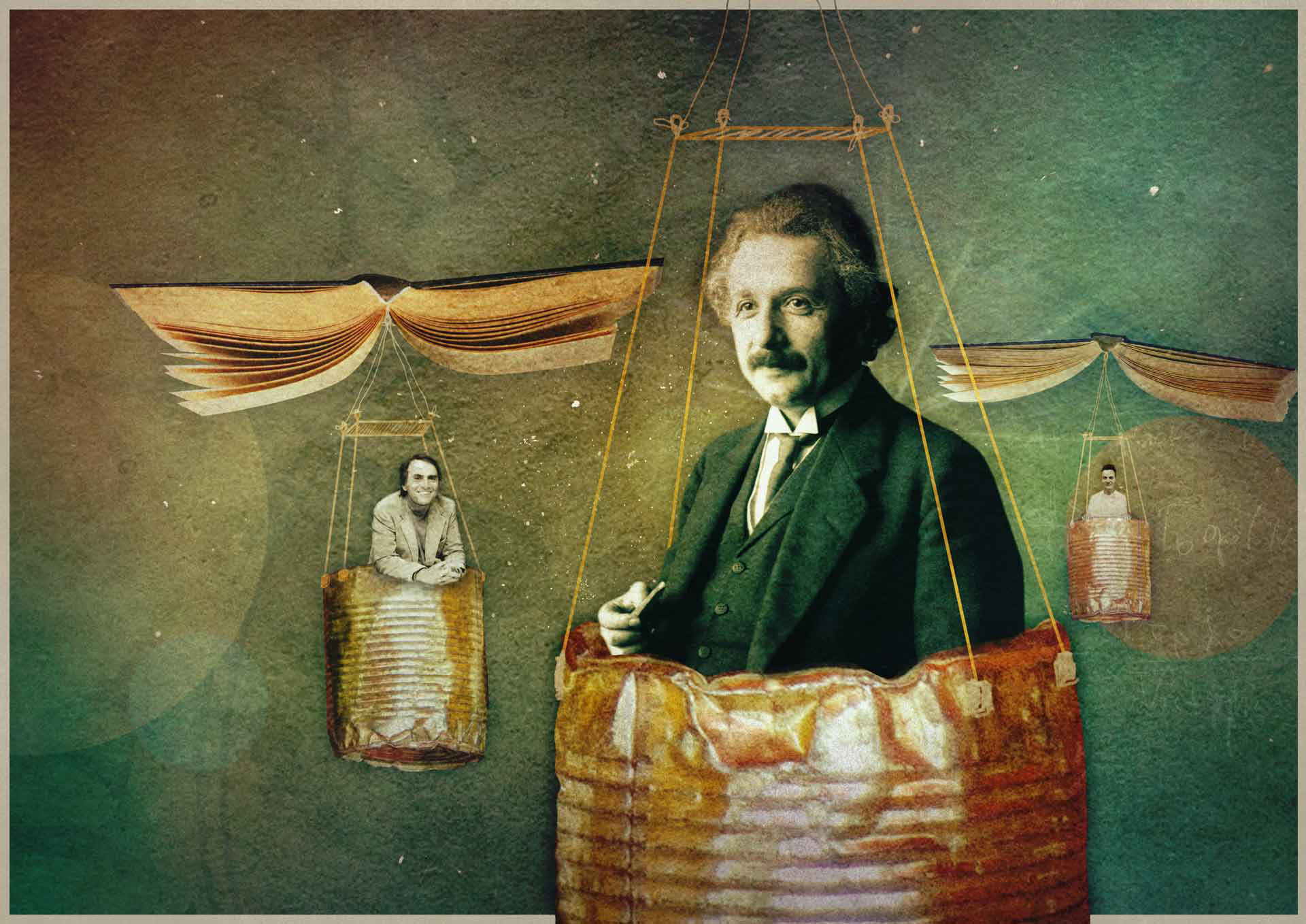 Carl Sagan, Albert Einstein, Richard Feynman floating in space