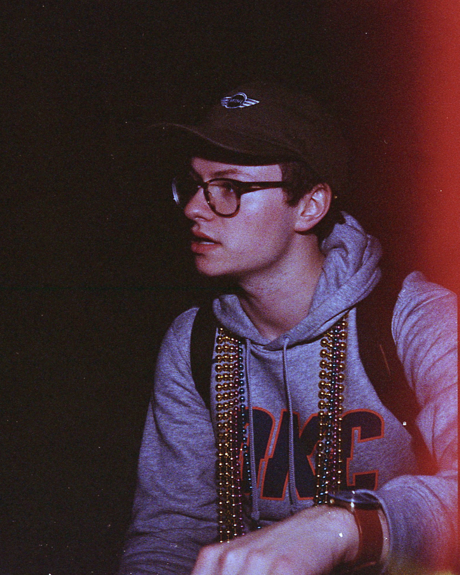 Quadrascopic gif with light leak. Ross on Bourbon St. (New Orleans, La.), New Year's Eve, 2018.