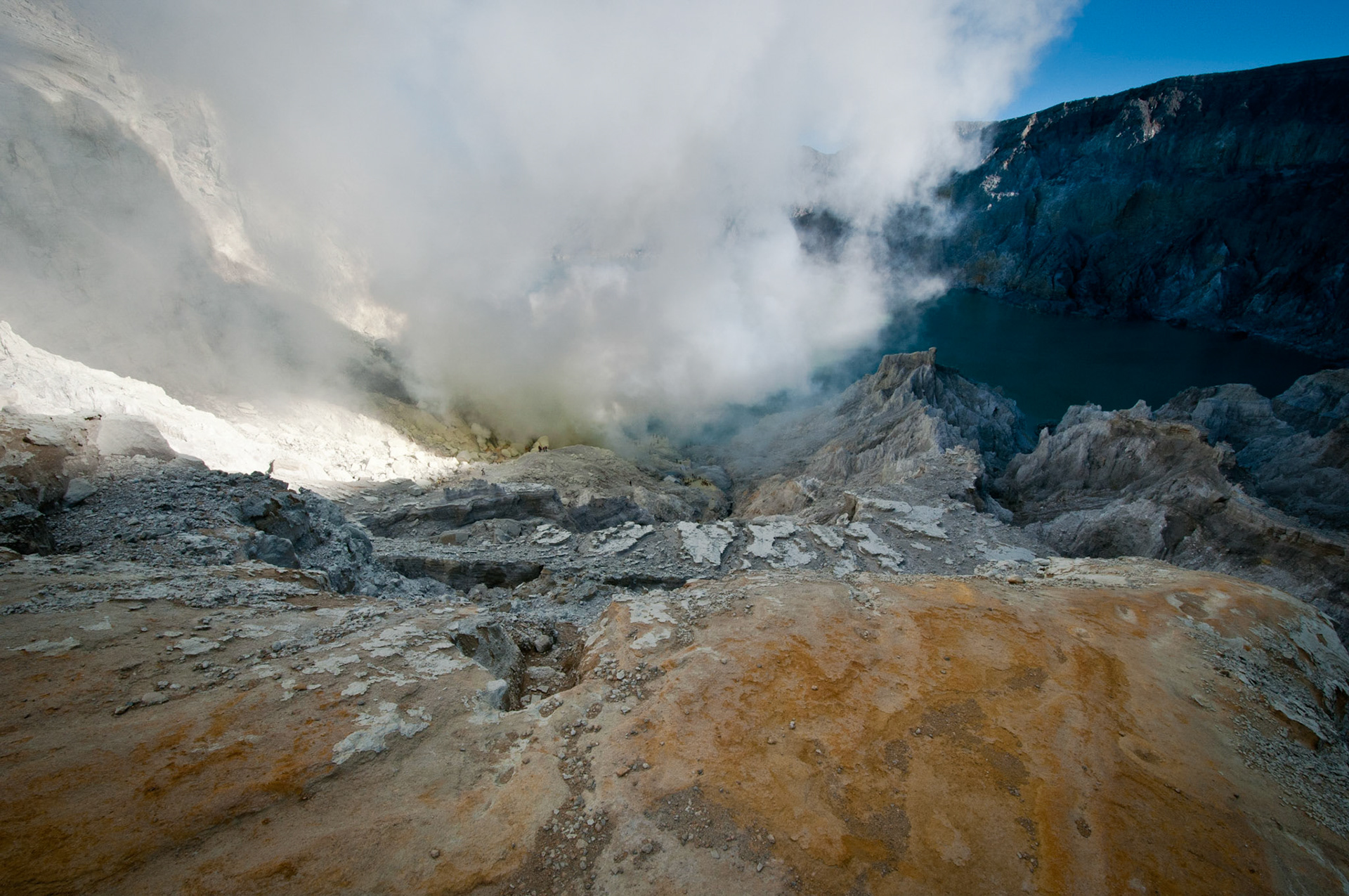 Crater with turquoise-colored lake at the bottom (Kawah Ijen, Java, Indonesia)