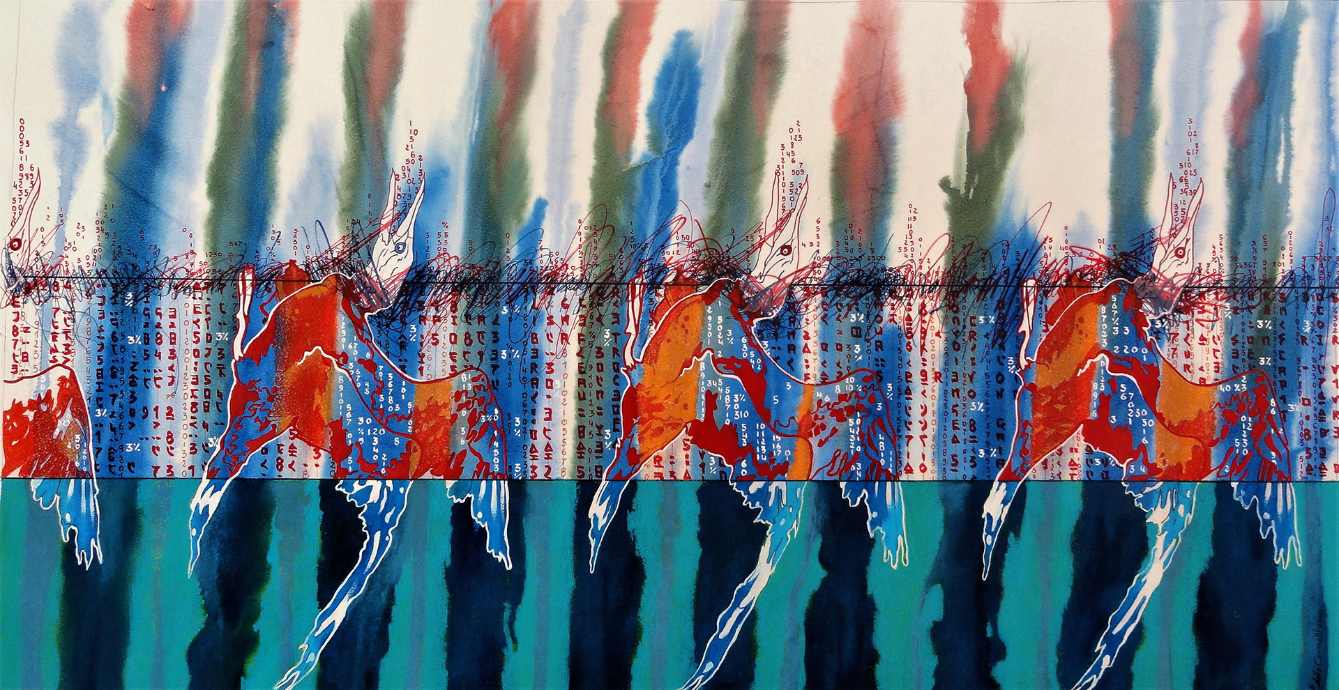THE GREAT GIG IN THE SEA (2020) Technique mixte en fond d'aquarelle sur papier - 101x65 cm