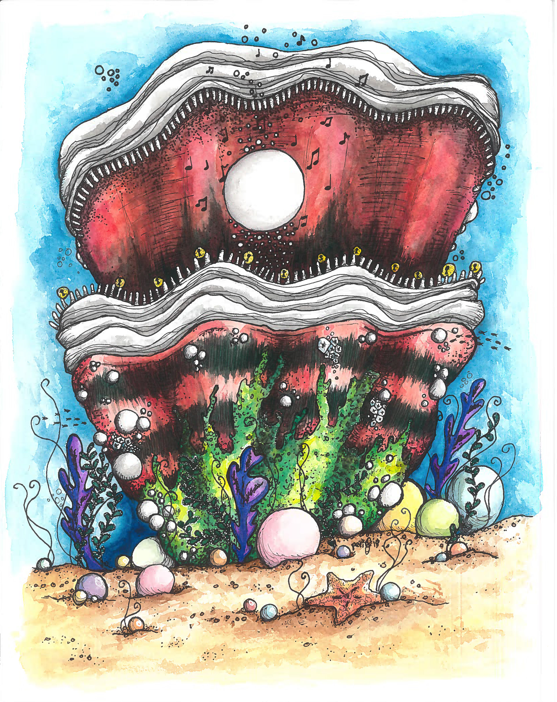 Ko, the Giant Oyster - watercolor, colored pencil & ink
