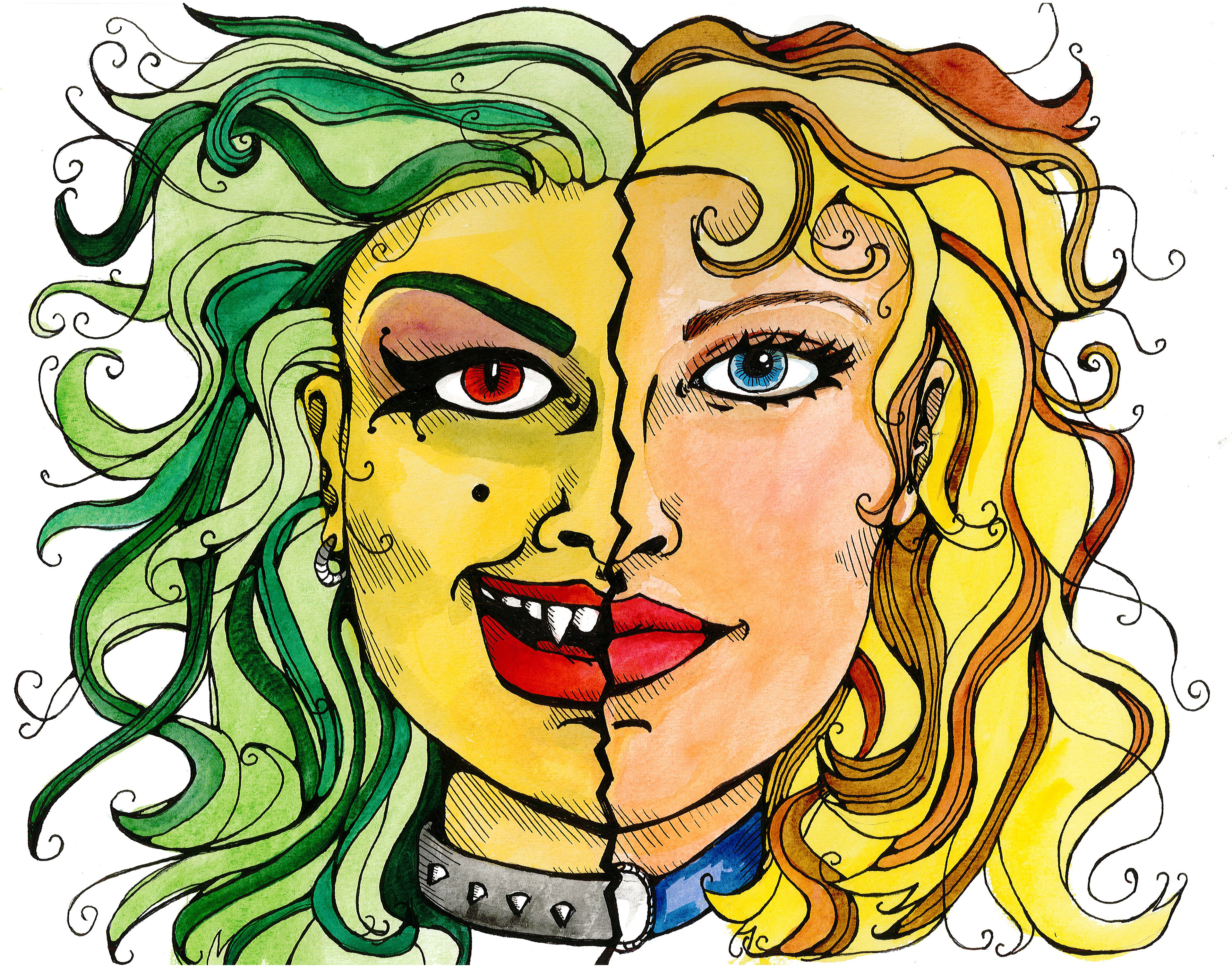 Two Sisters - watercolor & ink