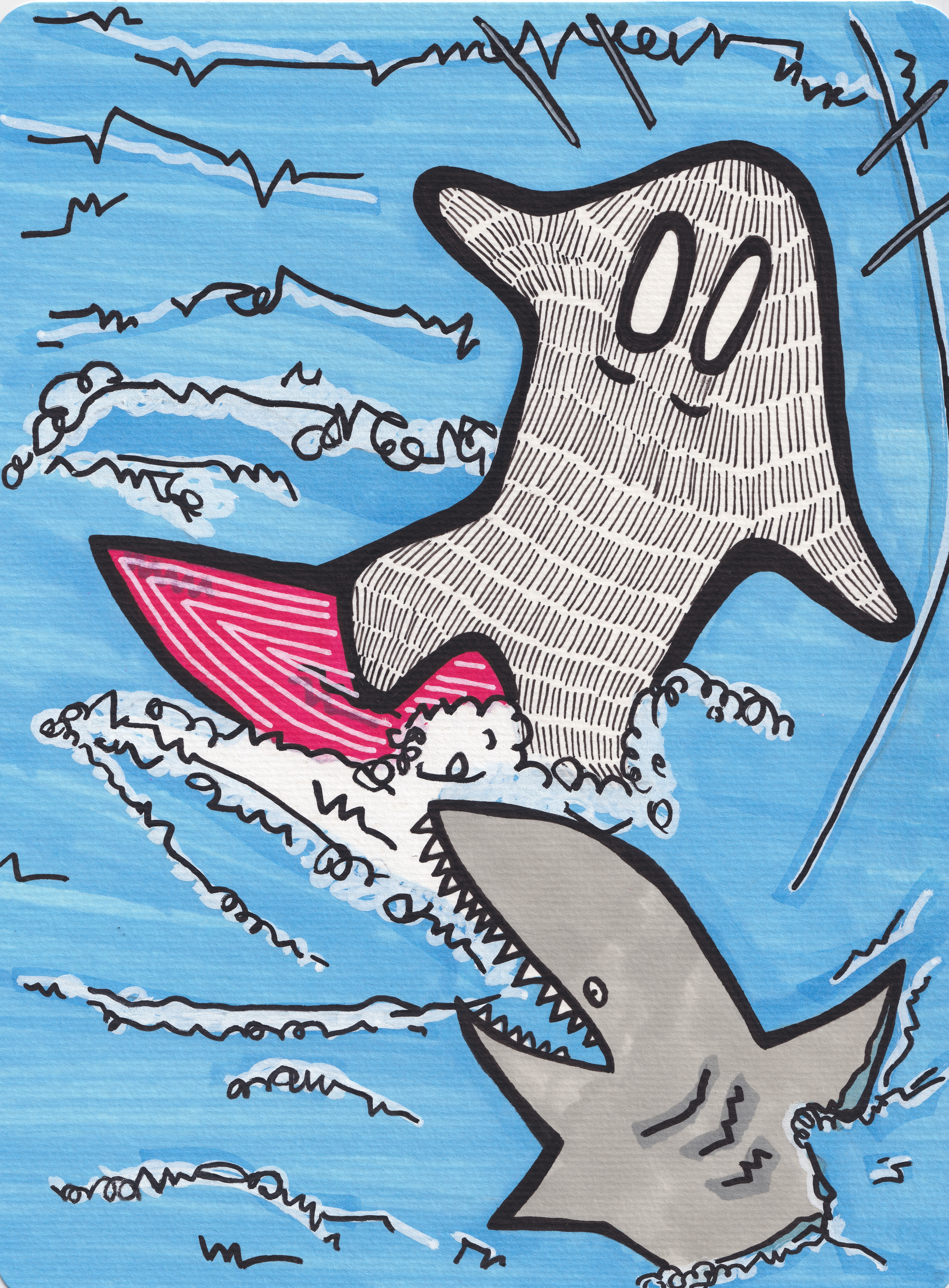 Léon fait du surf, encre et posca sur papier, juin 2021
