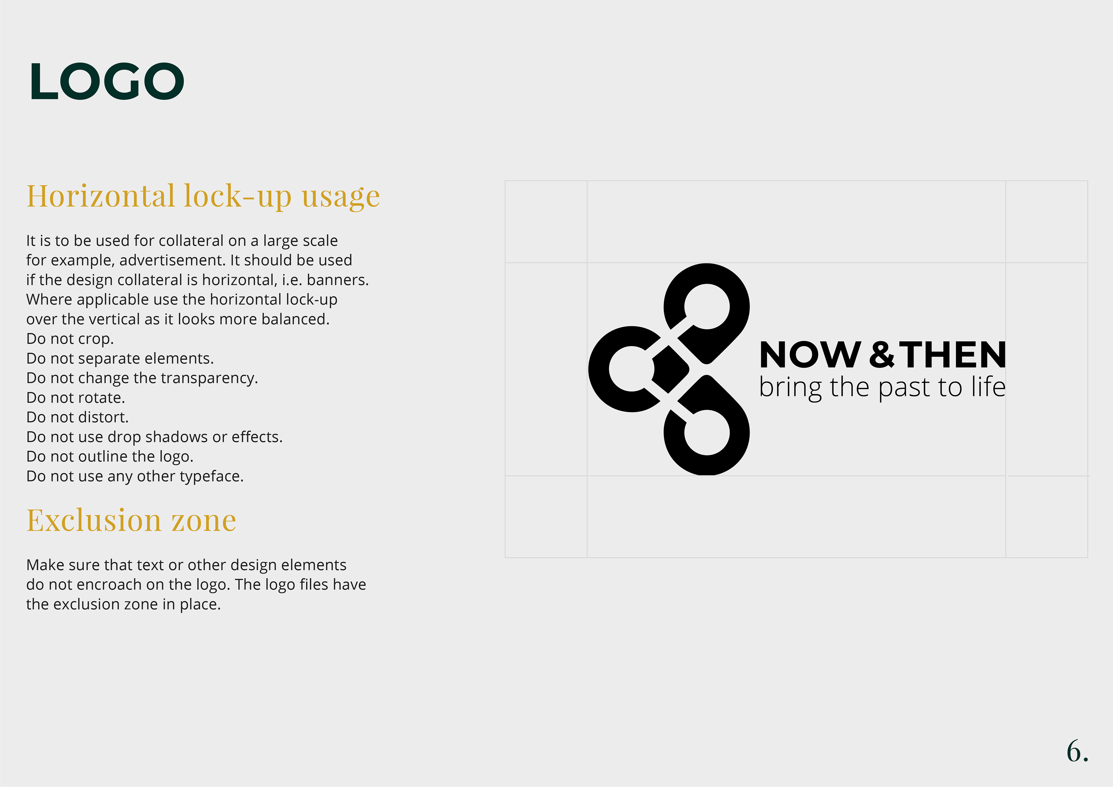 logo page of brand guidelines for now and then a client of freelance graphic designer melissa carne