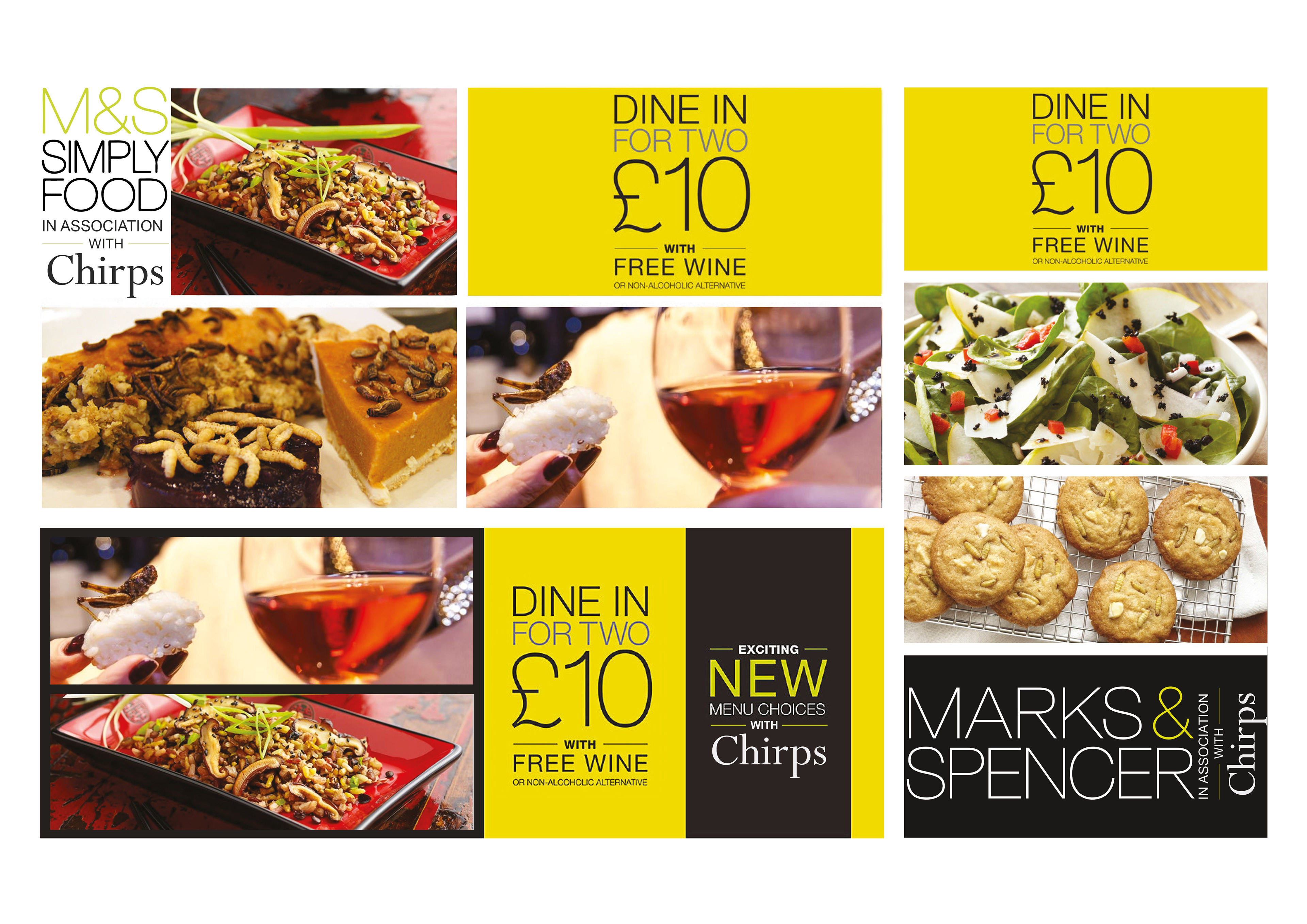 dine in for two for ten pound with m&s ad campaign for insect cuisine by melissa carne graphic designer in cornwall